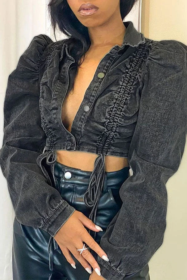 Solid Color Unique Drawstring Denim Jacket 4 Solid Color Unique Drawstring Denim Jacket - Image 4