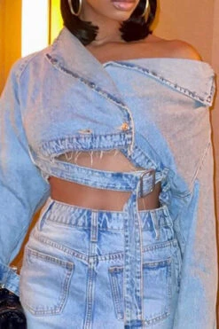 Blue Cool Irregular Buckled Denim Coat