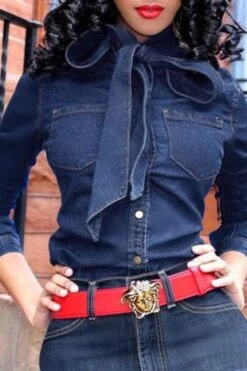 Bow-Neck Button Pocket Fashion Denim Blouse