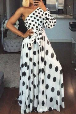 Polka Dot Sweet Irregular One Shoulder Maxi Dress