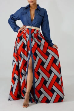 Demin Patchwork Stylish Single Breasted Maxi Dress -Clothing Outlet Store C21012115 3