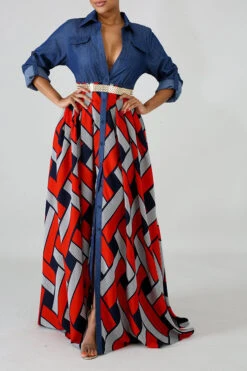 Demin Patchwork Stylish Single Breasted Maxi Dress -Clothing Outlet Store C21012115 4