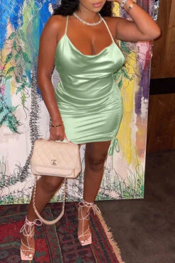 Solid Color Pretty Spaghetti Strap Drawstring Mini Dress -Clothing Outlet Store C21022621 2 36ce3f0a 378e 437b 837f 6173a57325e3