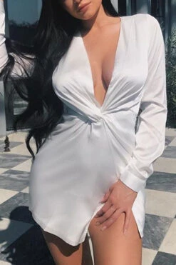 Solid Color Elegant Twisted Splited Mini Dress