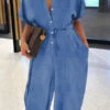 Solid Color Boyish Single Breasted Demin Jumpsuit