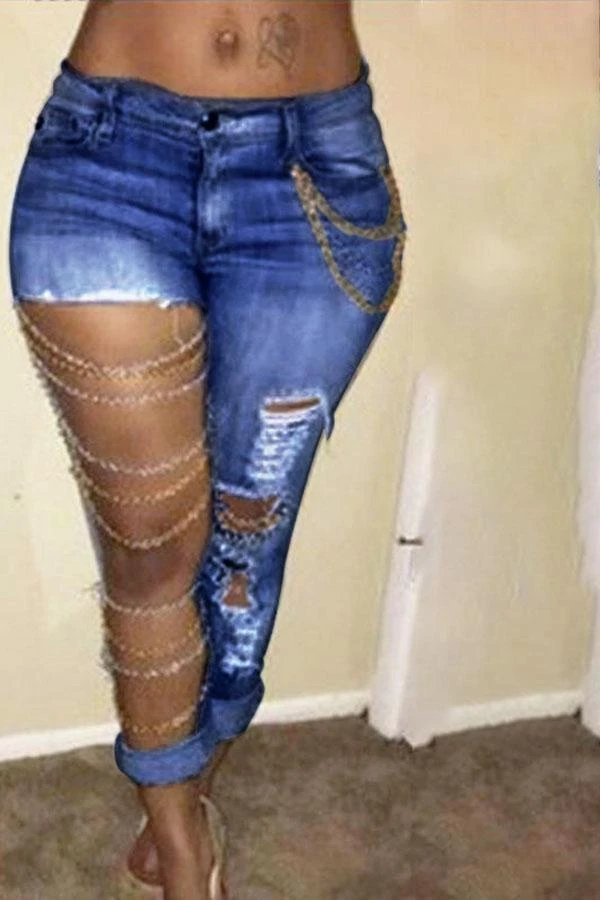 Blue Stylish Cutout Jeans With Chains 2 Blue Stylish Cutout Jeans With Chains - Image 2