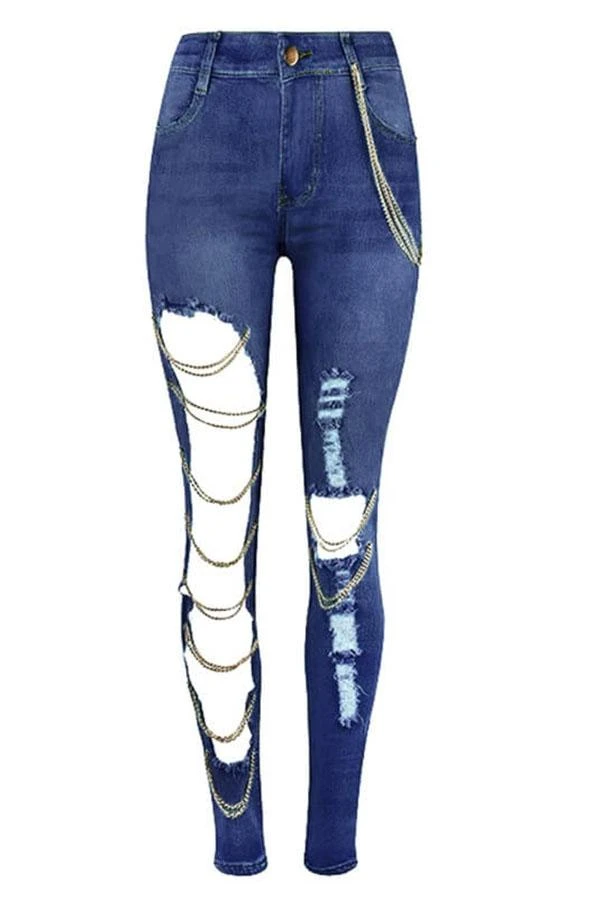 Blue Stylish Cutout Jeans With Chains 3 Blue Stylish Cutout Jeans With Chains - Image 3