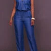 Solid Color Boyish Sleeveless Denim Jumpsuit