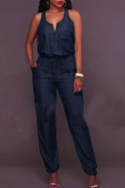 Solid Color Boyish Sleeveless Denim Jumpsuit -Clothing Outlet Store C21041313 2