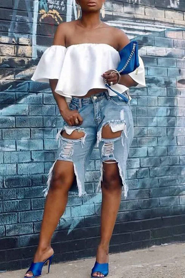 Blue Stylish Denim Multi-Length Ripped Shorts 1 Blue Stylish Denim Multi-Length Ripped Shorts