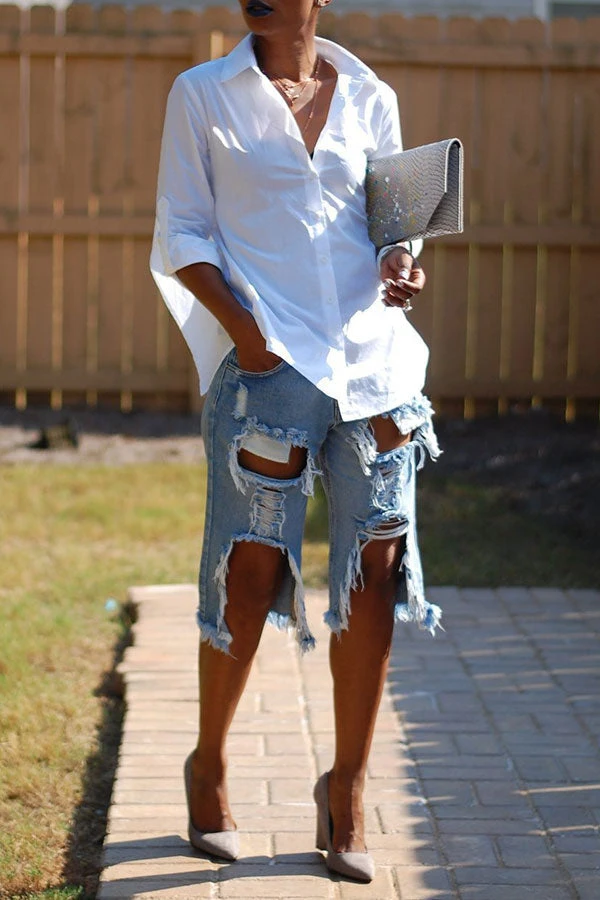 Blue Stylish Denim Multi-Length Ripped Shorts 2 Blue Stylish Denim Multi-Length Ripped Shorts - Image 2