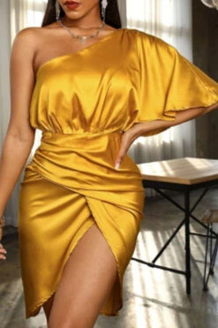 Solid Color Slash Neck Elegant Irregular Mini Dress