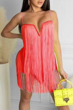 Solid Color Unusual Tassel Mini Dress -Clothing Outlet Store C21050832 2
