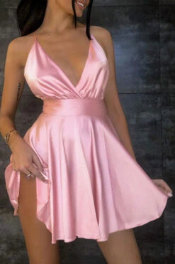 Solid Color Glamorous Deep V Neck Backless Mini Dress