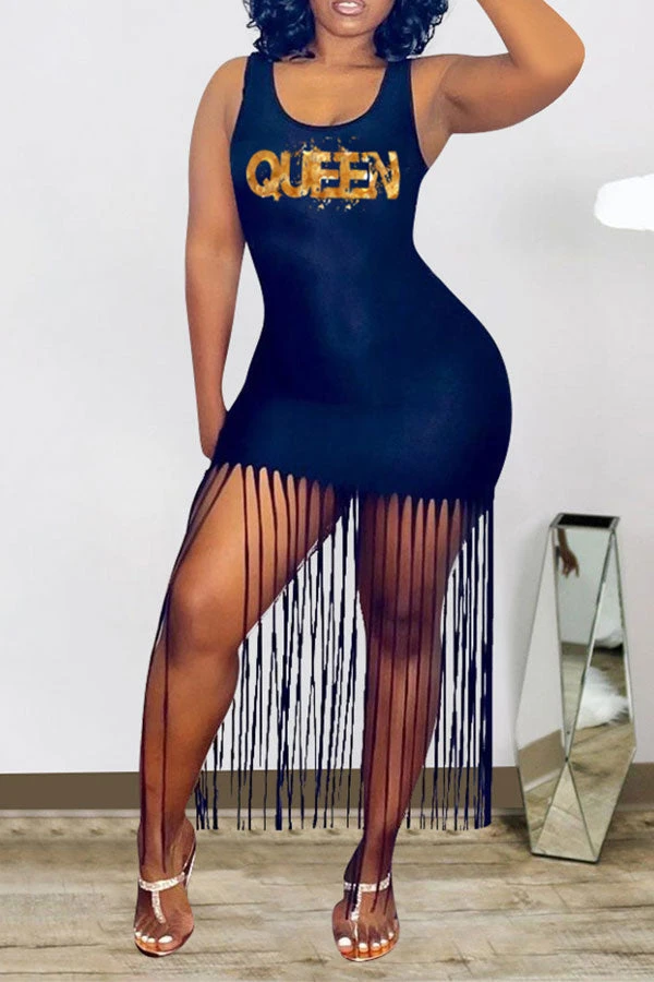 Letter Print Feminine Tassel Mini Dress 1 Letter Print Feminine Tassel Mini Dress