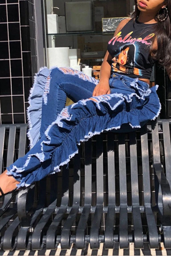 Solid Color Chic Denim Hollow Out Jeans 2 Solid Color Chic Denim Hollow Out Jeans - Image 2