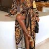 Tribal Print Retro Split Maxi Dress