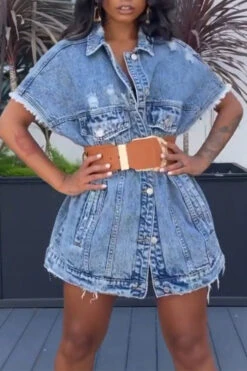Solid Color Chic Denim Jacket With Belt