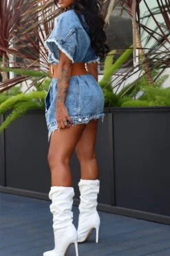 Solid Color Chic Denim Jacket With Belt -Clothing Outlet Store C21070727 LB 4 32954058 32a3 4310 90ad 10d388bd80b1