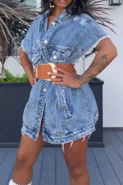 Solid Color Chic Denim Jacket With Belt -Clothing Outlet Store C21070727 LB 5 44c86d9d 60a8 4007 be1f 31327dd36312