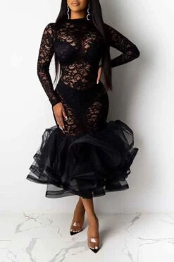 Floral Lace Elegant See-Through Midi Dress -Clothing Outlet Store C21080613 BK 3