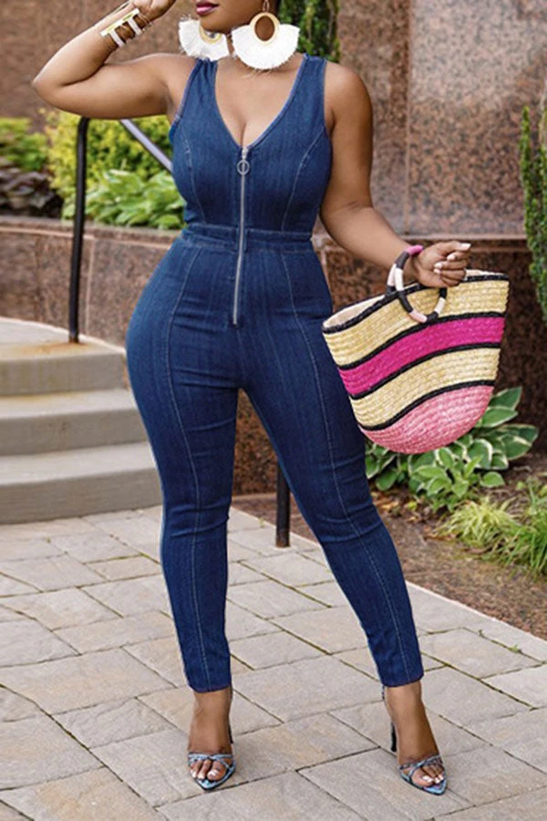 Solid Color On-trend Zip Through Demin Jumpsuit 1 Solid Color On-trend Zip Through Demin Jumpsuit