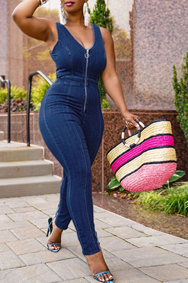 Solid Color On-trend Zip Through Demin Jumpsuit 2 Solid Color On-trend Zip Through Demin Jumpsuit - Image 2