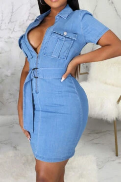 Blue Classic Zip Through Belted Demin Mini Dress -Clothing Outlet Store C21092735 BL 3 26672085 f809 4887 b88d abb490167d6f