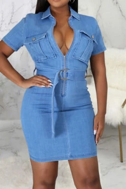 Blue Classic Zip Through Belted Demin Mini Dress -Clothing Outlet Store C21092735 BL 4 98dbcd63 4d36 4eae 99fc 4cbb43ecde2f