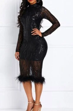 Sequined Elegant See-Through Midi Dress -Clothing Outlet Store C21102933 BK 5