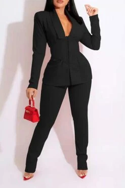 Solid Color Modern Blazer Pant Suit -Clothing Outlet Store C21111918 BK 2