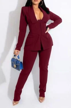 Solid Color Modern Blazer Pant Suit