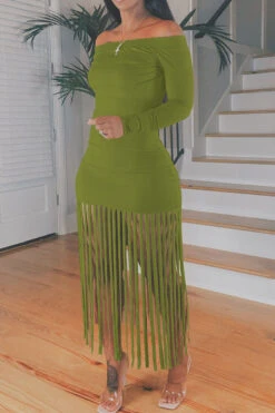 Solid Color Unique Off Shoulder Tassels Midi Dress -Clothing Outlet Store C21111925 GR 1 904b5d38 2f60 4e37 9554 9e993db76d53