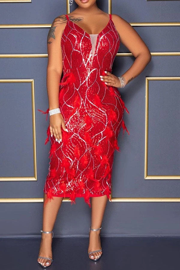 Sequined Party Feather Midi Dress 1 Sequined Party Feather Midi Dress