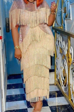 Sequined Party Tiered Tassel Maxi Dress