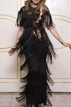 Sequined Party Tiered Tassel Maxi Dress 8 Sequined Party Tiered Tassel Maxi Dress -Clothing Outlet Store C21122707 BK 1