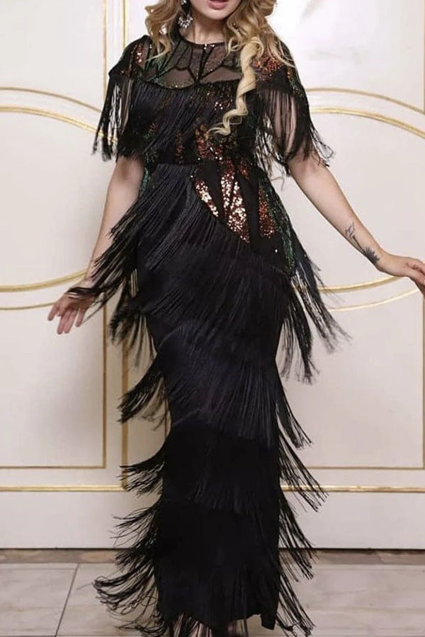 Sequined Party Tiered Tassel Maxi Dress 3 Sequined Party Tiered Tassel Maxi Dress - Image 3