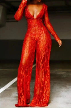 Red Floral Lace V Neck Unique See-Through Wide Leg Jumpsuit