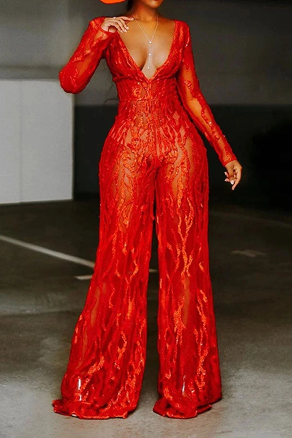 Red Floral Lace V Neck Unique See-Through Wide Leg Jumpsuit 2 Red Floral Lace V Neck Unique See-Through Wide Leg Jumpsuit - Image 2