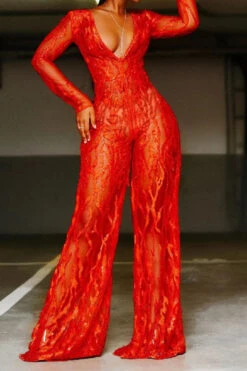 Red Floral Lace V Neck Unique See-Through Wide Leg Jumpsuit 5 Red Floral Lace V Neck Unique See-Through Wide Leg Jumpsuit -Clothing Outlet Store C22021528 RE 3