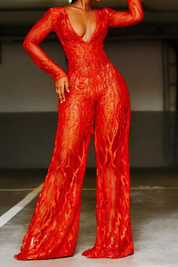 Red Floral Lace V Neck Unique See-Through Wide Leg Jumpsuit 3 Red Floral Lace V Neck Unique See-Through Wide Leg Jumpsuit - Image 3