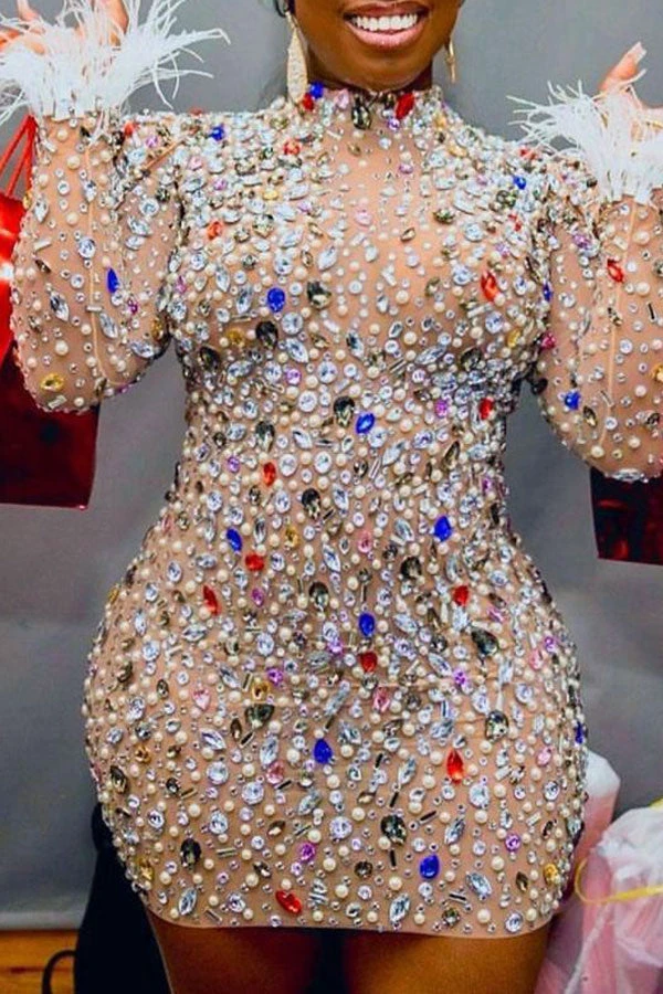 Patchwork Glamorous Feather Rhinestones Mini Dress 1 Patchwork Glamorous Feather Rhinestones Mini Dress