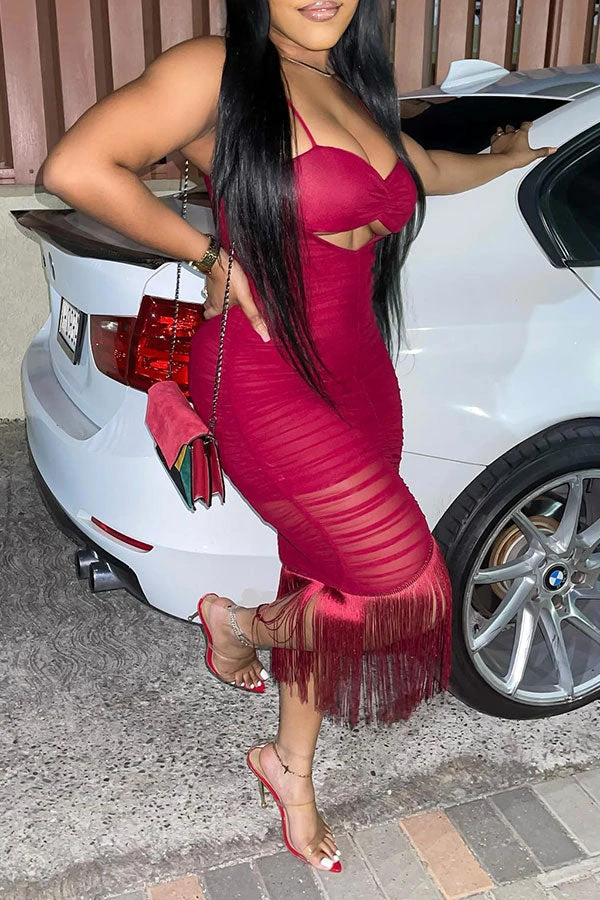 Solid Color On-trend Tassel Cutout Midi Dress 6 Solid Color On-trend Tassel Cutout Midi Dress - Image 6