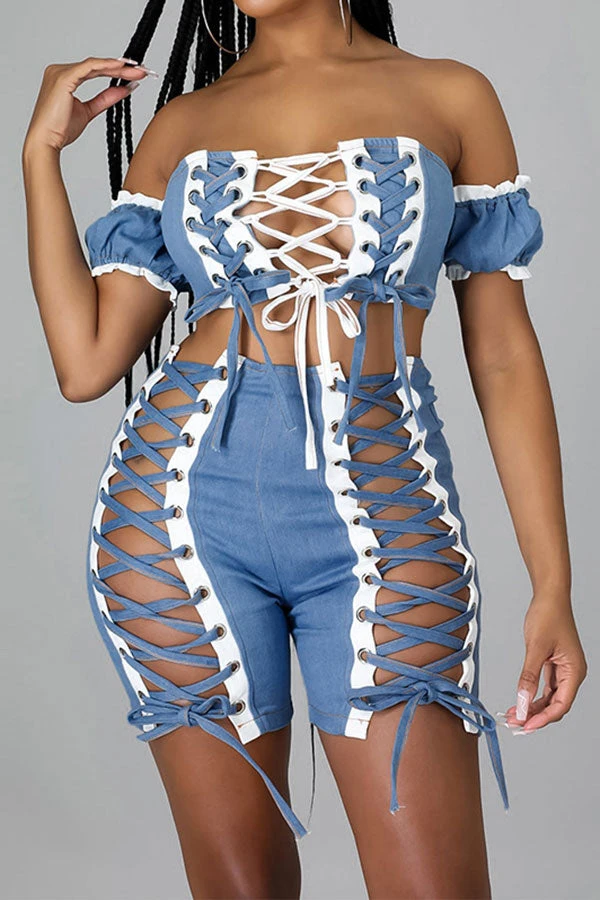 Bandage Lace-Up Rocking Denim Pant Suit 1 Bandage Lace-Up Rocking Denim Pant Suit