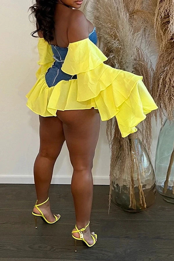 Patchwork On-trend Ruffle Off Shoulder Dress Suit 2 Patchwork On-trend Ruffle Off Shoulder Dress Suit - Image 2