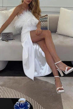 Fluffy Girly High Slipt Midi Dress -Clothing Outlet Store C22052320 WH 3 5cf39473 b3c2 4746 ad8f 70c52bddabcb