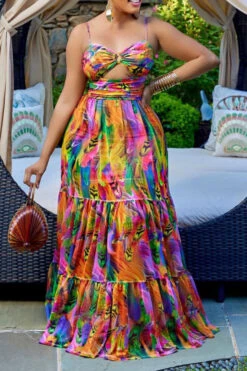 Tie Dye Bohemia Ruffle Maxi Dress -Clothing Outlet Store C22060705 YE 2 b8e566b7 f178 4b70 a229 a08d3502ef08