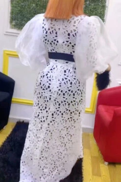 Lace Pretty See-Through Maxi Dress (With Belt) 5 Lace Pretty See-Through Maxi Dress (With Belt) -Clothing Outlet Store C22061304 WH 3