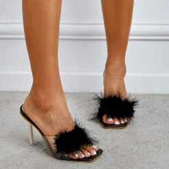 Fluffy Girly Transparent Strap Heels 15 Fluffy Girly Transparent Strap Heels -Clothing Outlet Store C22062332 BK 1