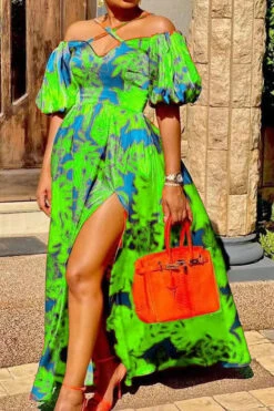 Leaf Print Retro High Slipt Maxi Dress -Clothing Outlet Store C22070609 GR 1